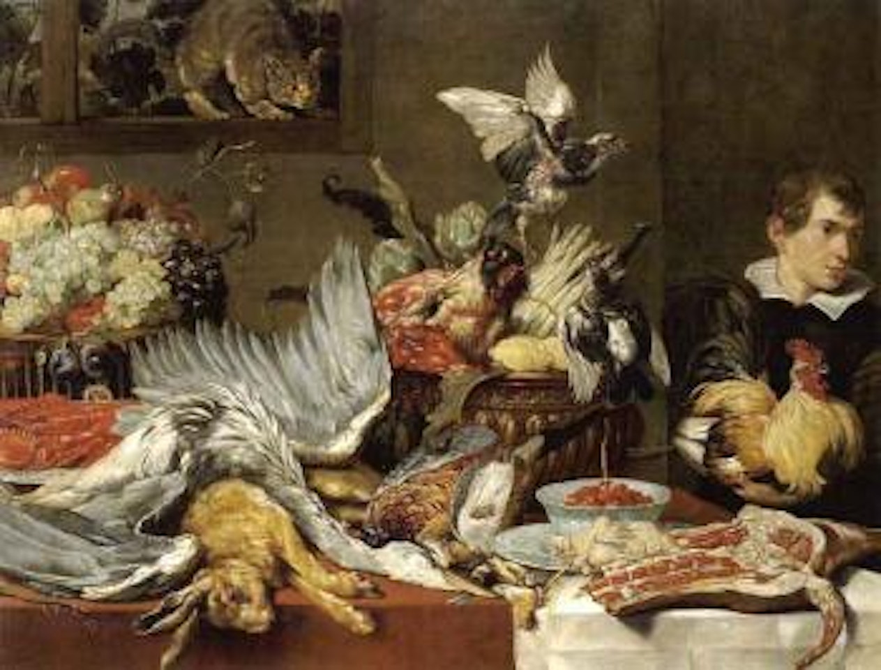 Still life with fruit, vegetables, shot game, boy and a cat by Paul de Vos