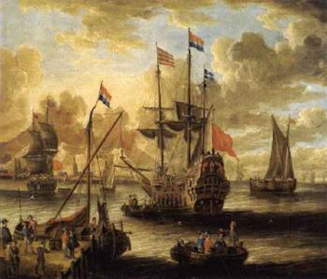 Three master and other vessels off a port by Pieter van de Velde