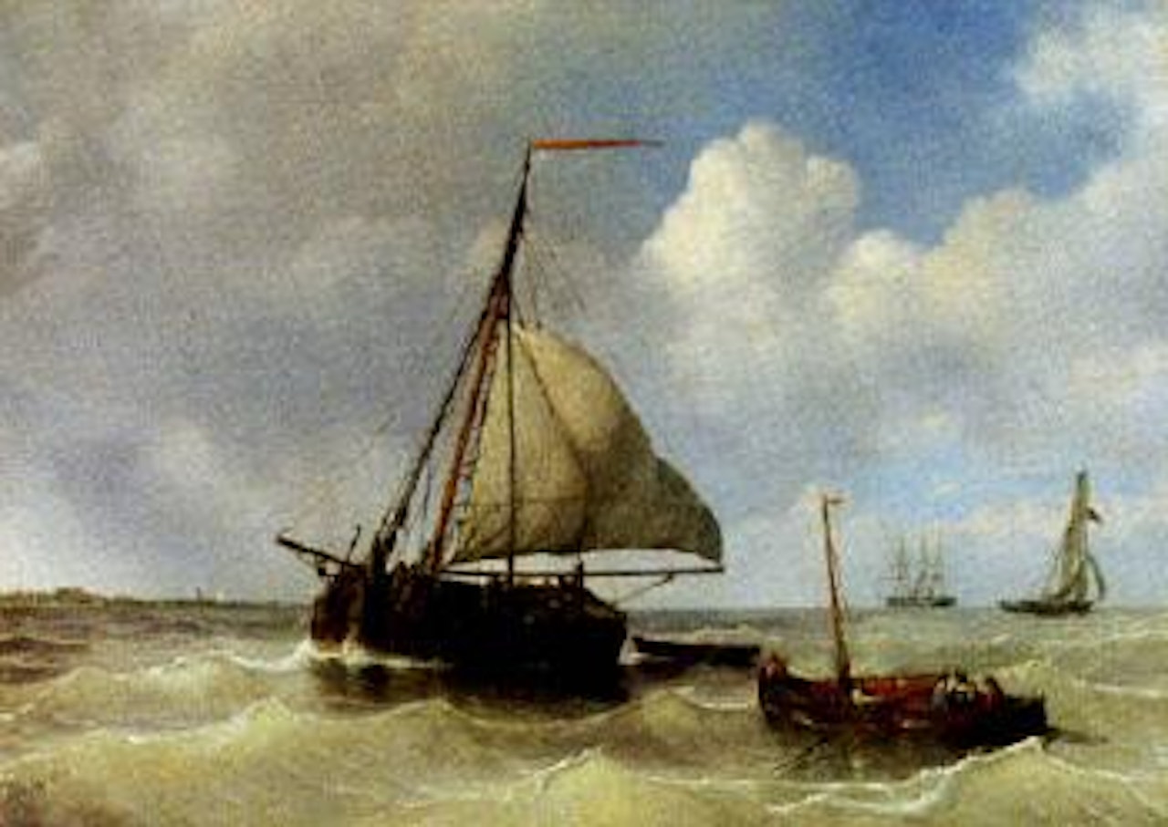 Dutch coastal landscape with sailing boat by Peter Paulus Schiedges