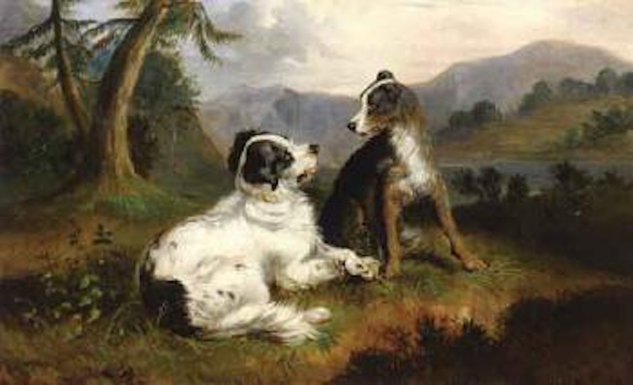 Two dogs in a landscape with a lake in background by Richard Ansdell