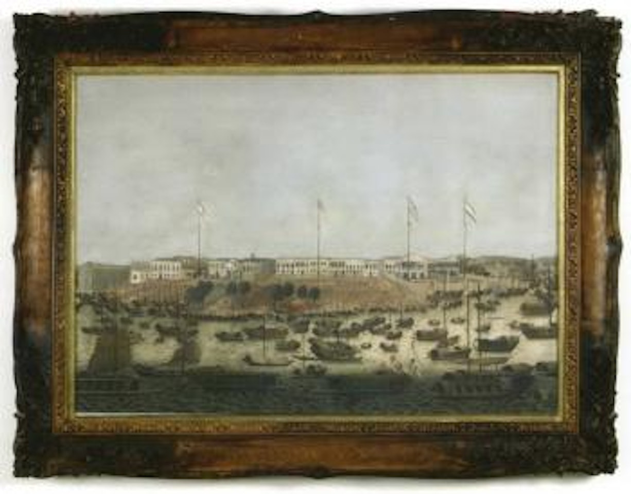 The Hongs at Canton showing Dutch, American, British and French flags by Chinese School