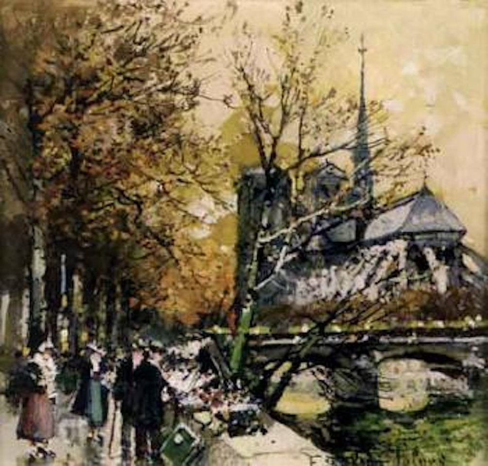 Les bouquinistes derriere Notre Dame by Eugene Galien-Laloue