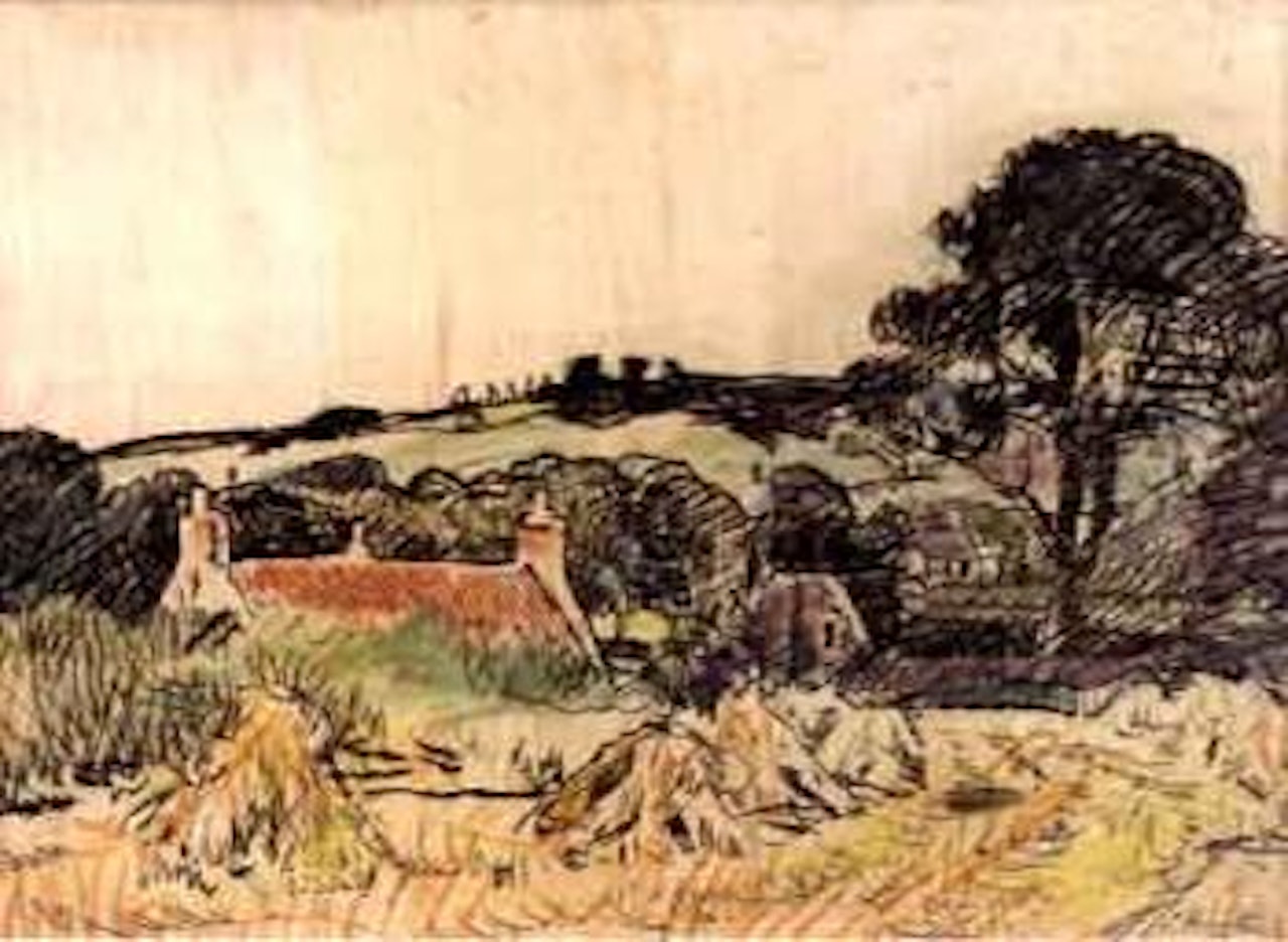 Cottage and haystacks, Fife by George Leslie Hunter