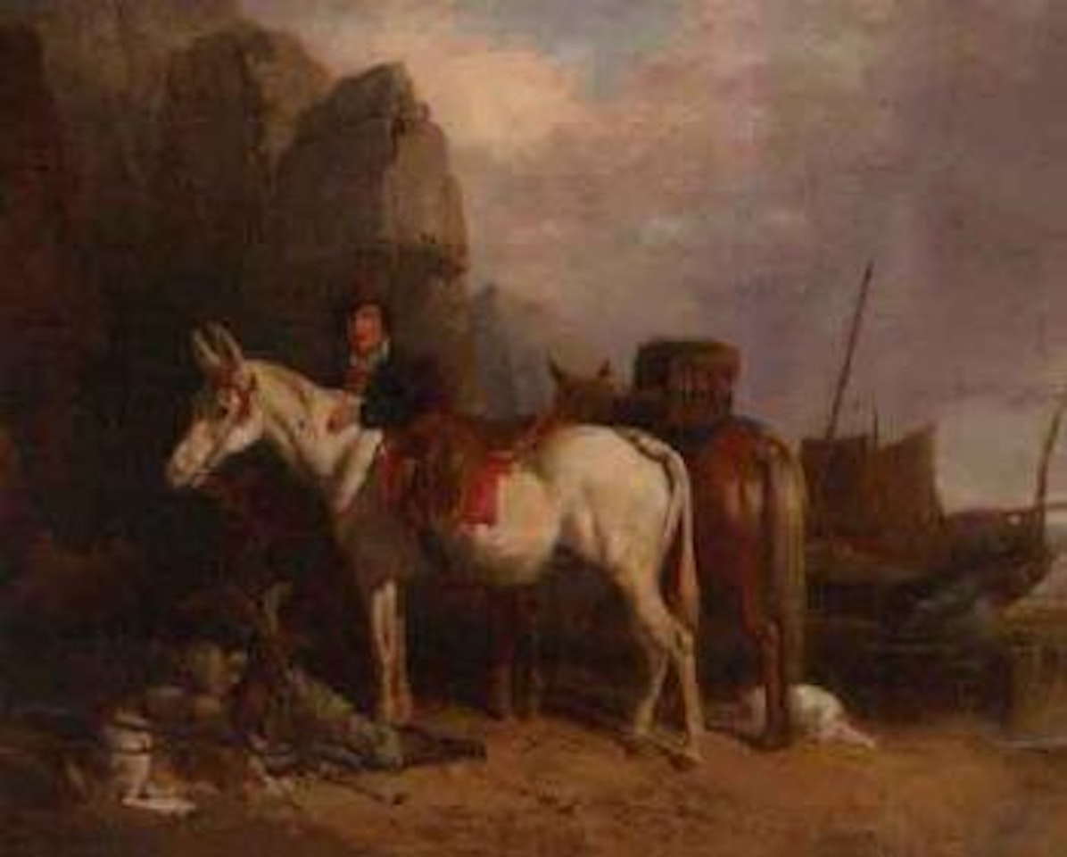 Figures on a beach, with ponies and fishing boats by Richard Westall