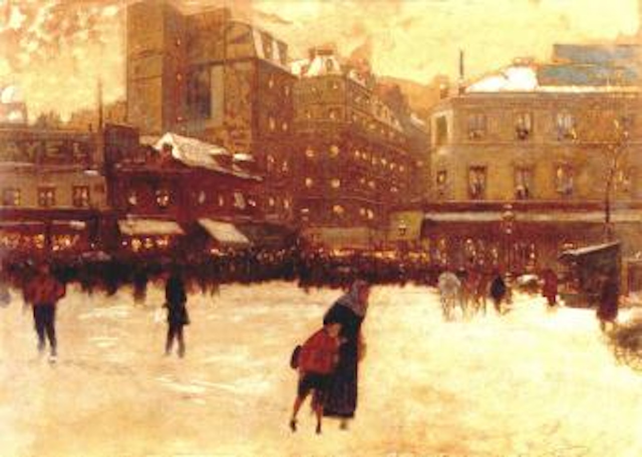 Parisian Street scene in winter by Luigi Loir