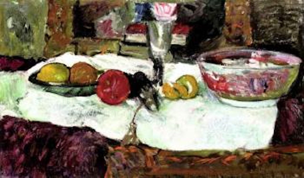 Still life with fruit on a table by George Leslie Hunter
