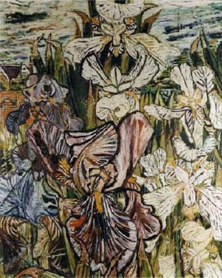 White and mauve butterfly irises by John Bratby