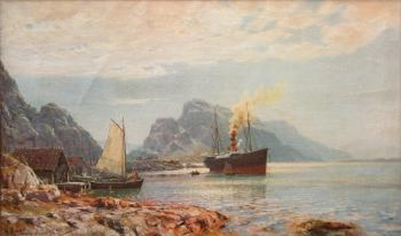 Mountain landscape with ship by Walter Moras