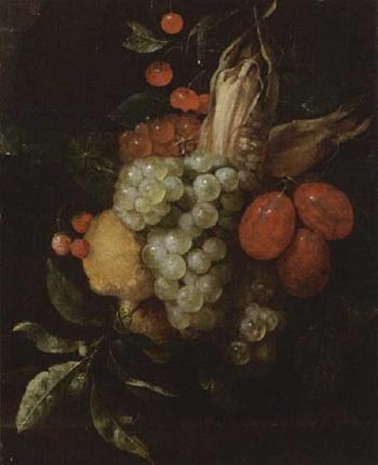Still life with grapes, prunes and other fruit above a stone ledge by Jan Pauwel Gillemans