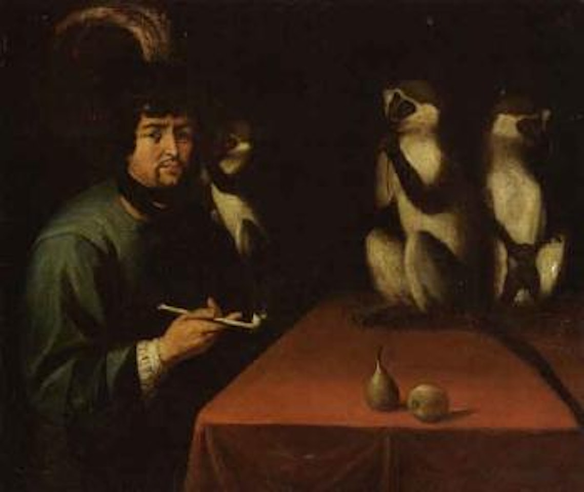 Man smoking a pipe at a table with three monkeys by Spanish School