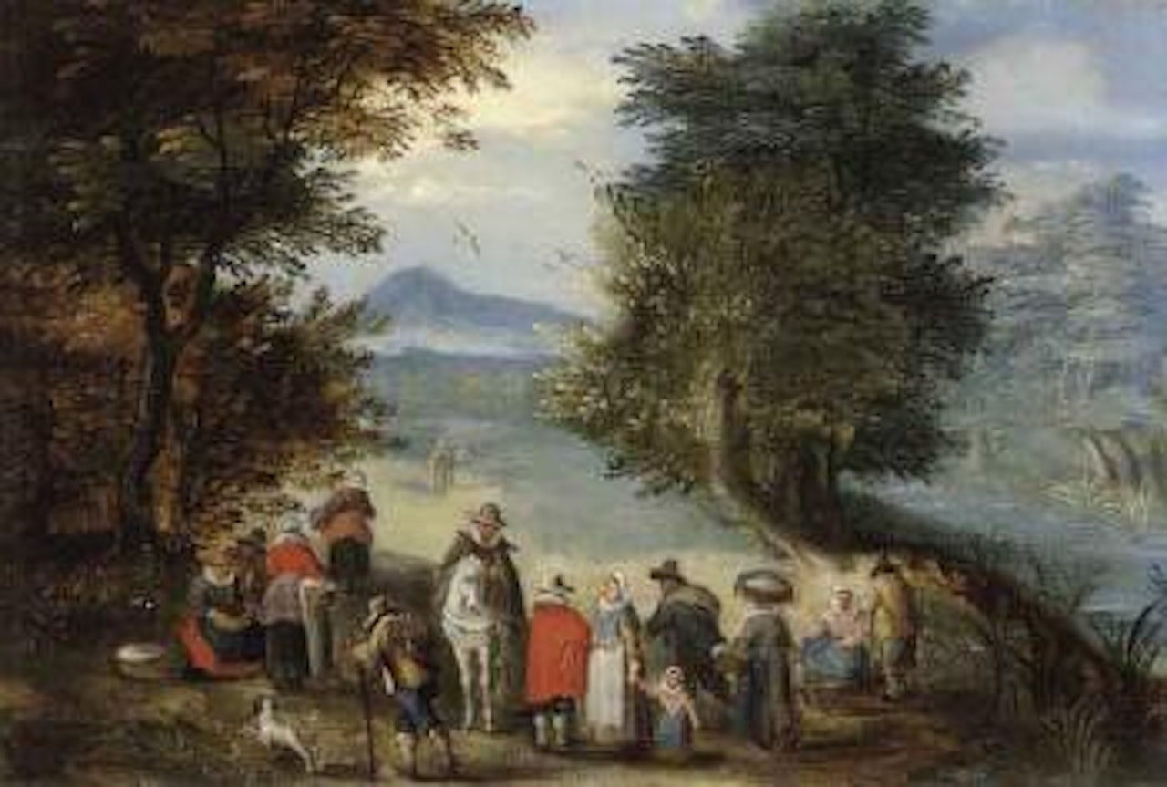 Figures in a river landscape by Karel Beschey