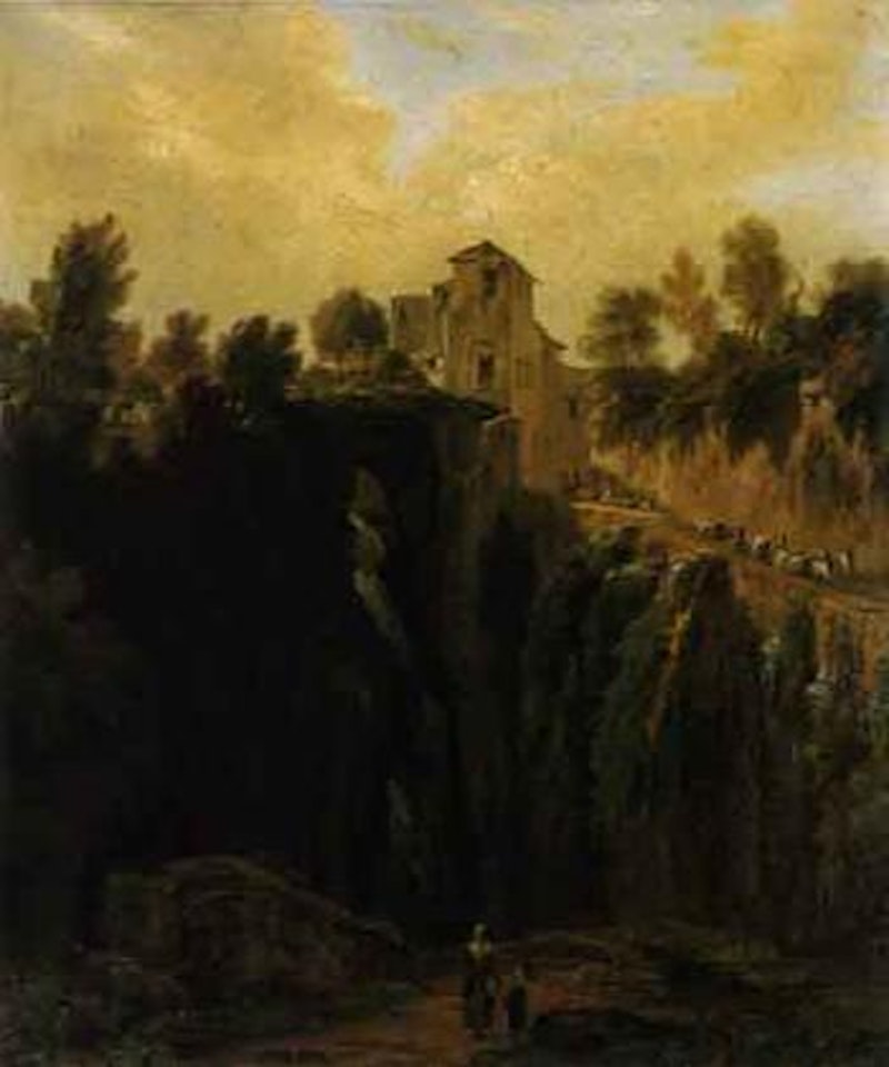 Figures at the edge of a waterfall by Christian Wilhelm Ernst Dietrich