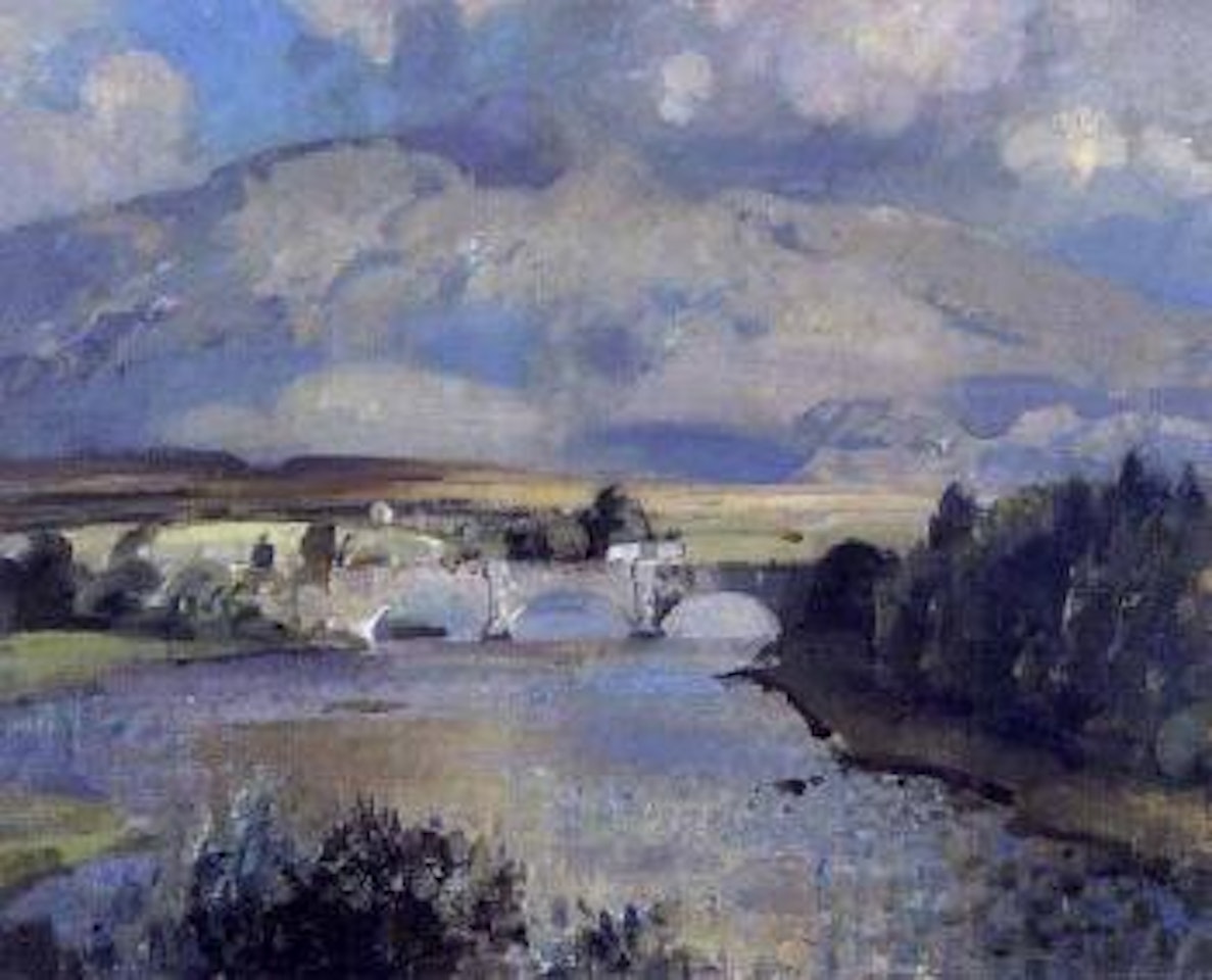 Bridge over the river with mountains beyond by John Arnesby Brown
