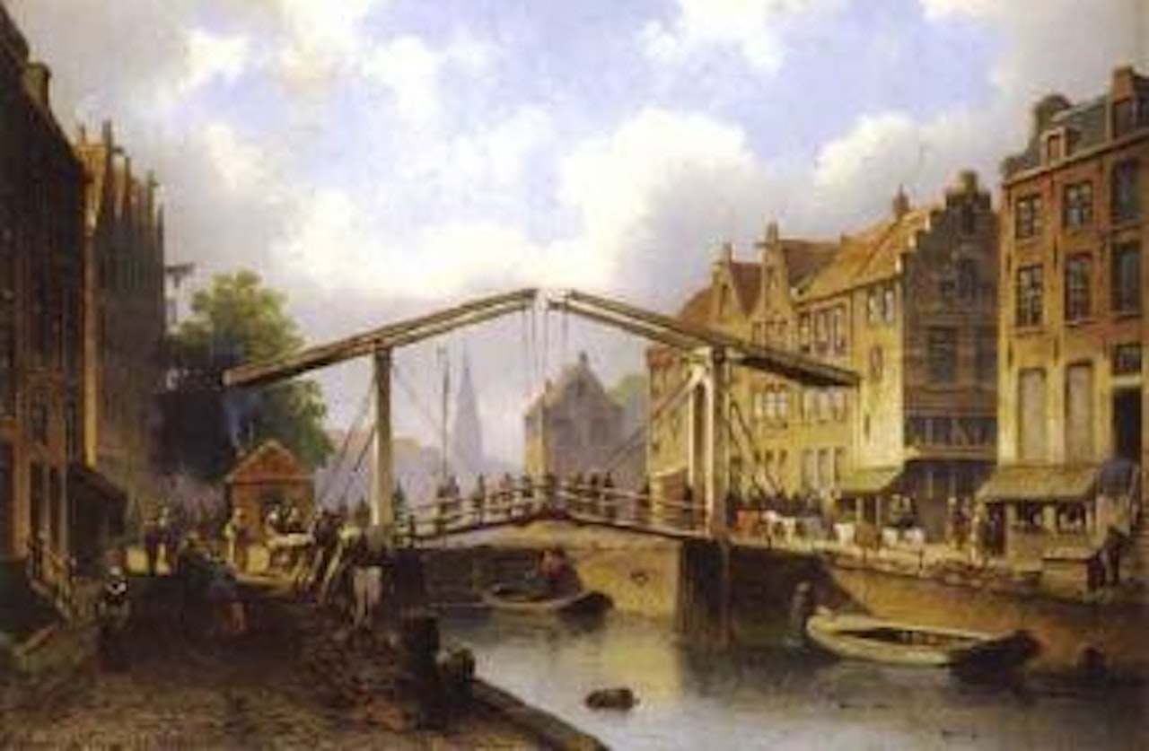Drawbridge with figures over Dutch canal by Eduard Alexander Hilverdink