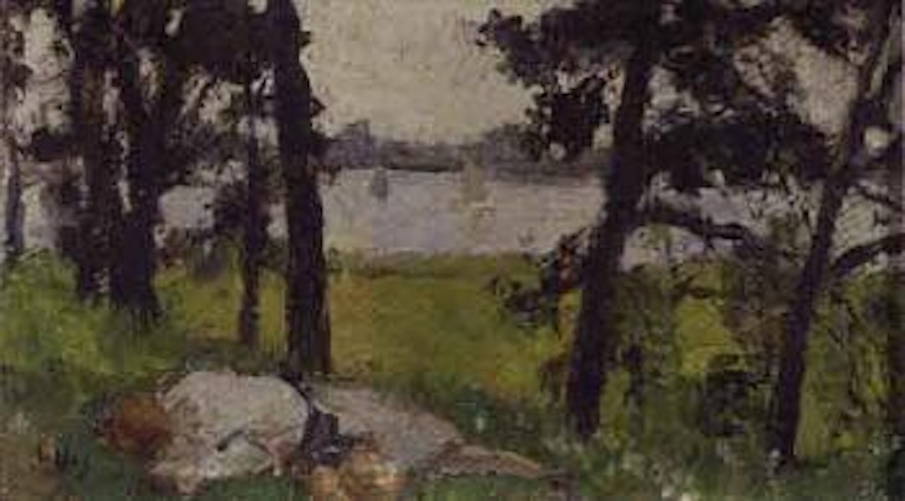 Figure resting beside a lake by Lesser Ury