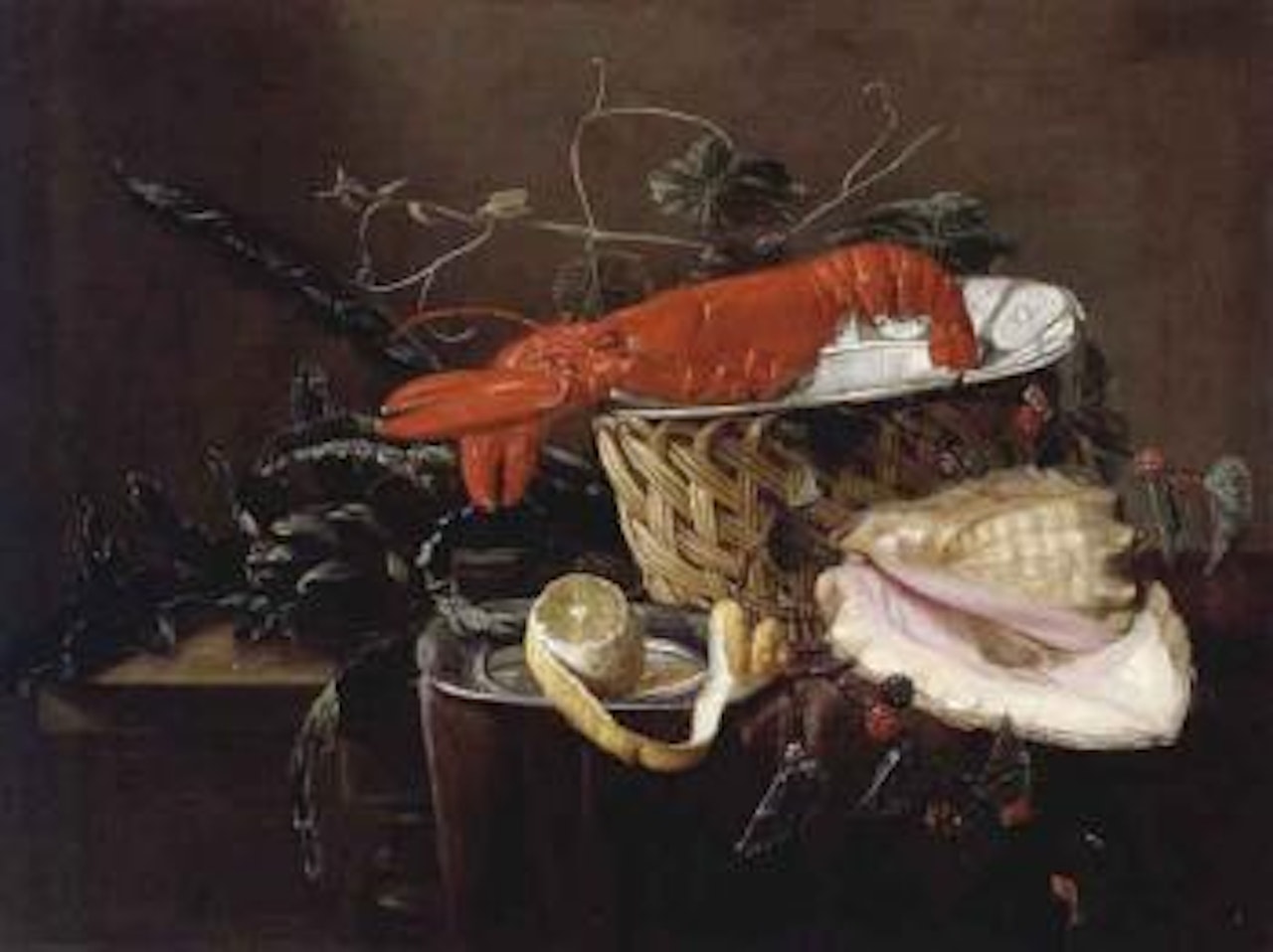 Still life with lobster, mussels, artichokes, blackberries and a lemon by Jan Davidsz de Heem