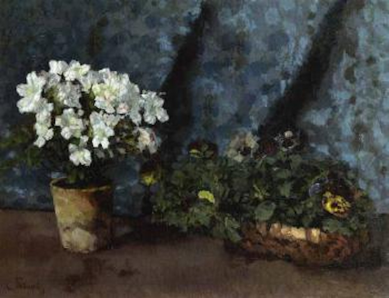 Flowerpot with white azaleas and basket of pansies by Carl Schuch