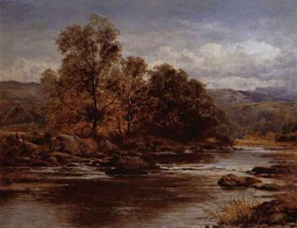 Scottish river landscape with trees and figures by Benjamin Williams Leader