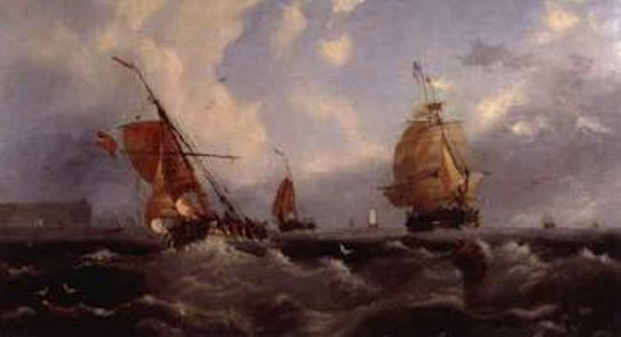 Marine scene; sailing ship, two barges and smaller ships in choppy sea off coast by John Wilson Carmichael