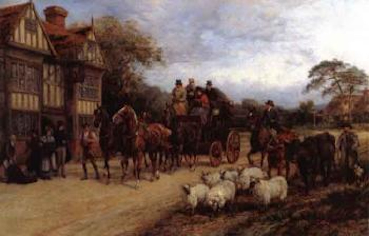 Coaching scene, coach and four outside inn with groom, figures and sheep by Heywood Hardy