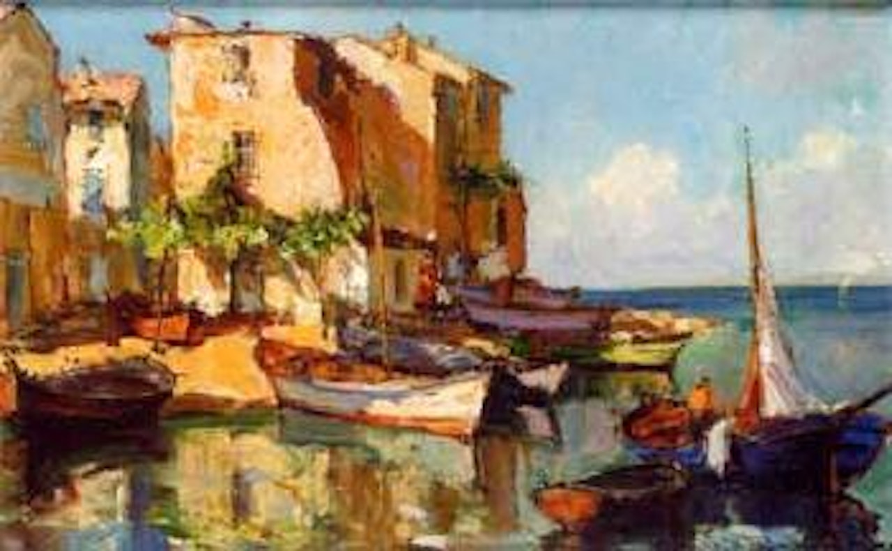Continental harbour scene by Georgij Aleksandrovic Lapschin