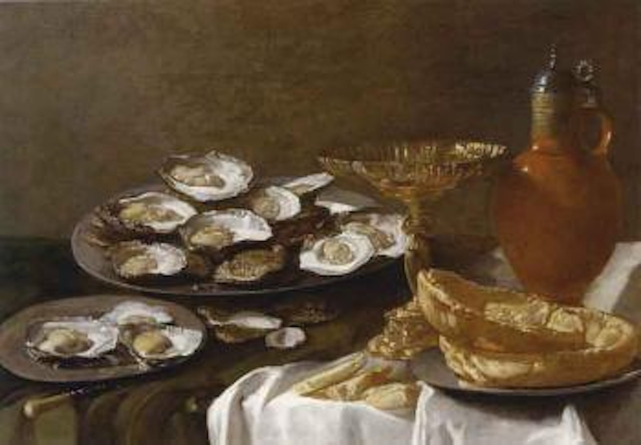 Still life with oysters, tazza, earthenware jug and two loaves of bread by Dutch School