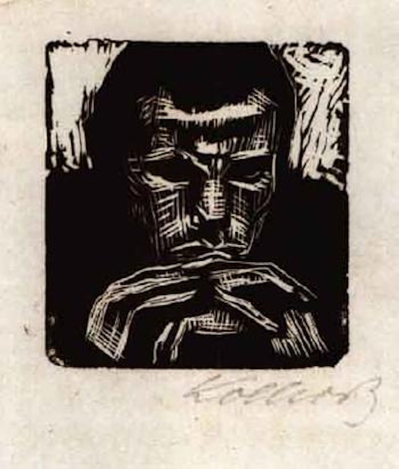 Small man's head with hands by Kathe Kollwitz