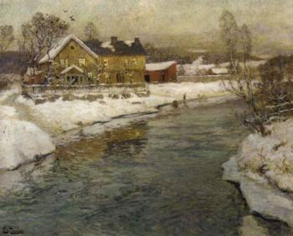 Cottage by a canal in the snow by Fritz Thaulow