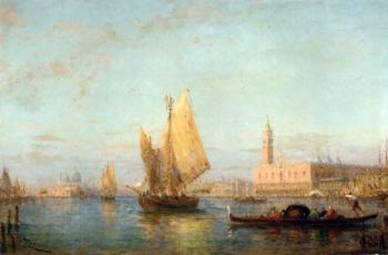 Bragozzi and gondolas in the Bacino of San Marco, Venice by Félix Ziem