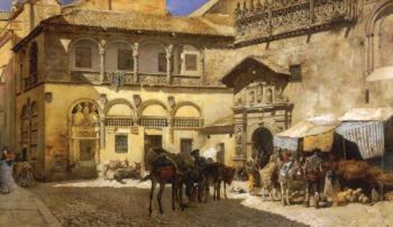 Market Square in front of the Sacristy and doorway of the cathedral, Granada by Edwin Lord Weeks