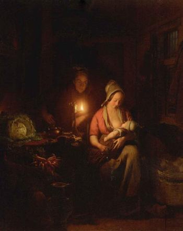 Family in a candlelit interior by Petrus van Schendel