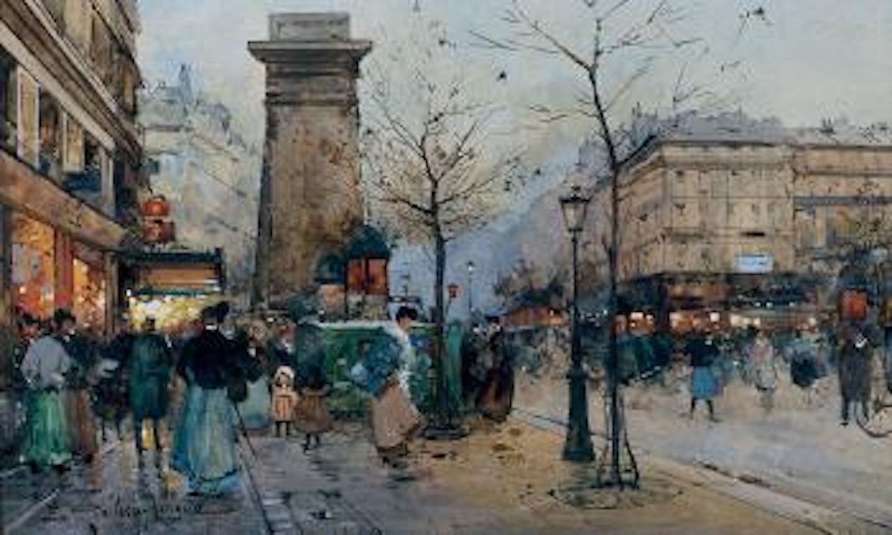 Monument in street scene by Eugene Galien-Laloue