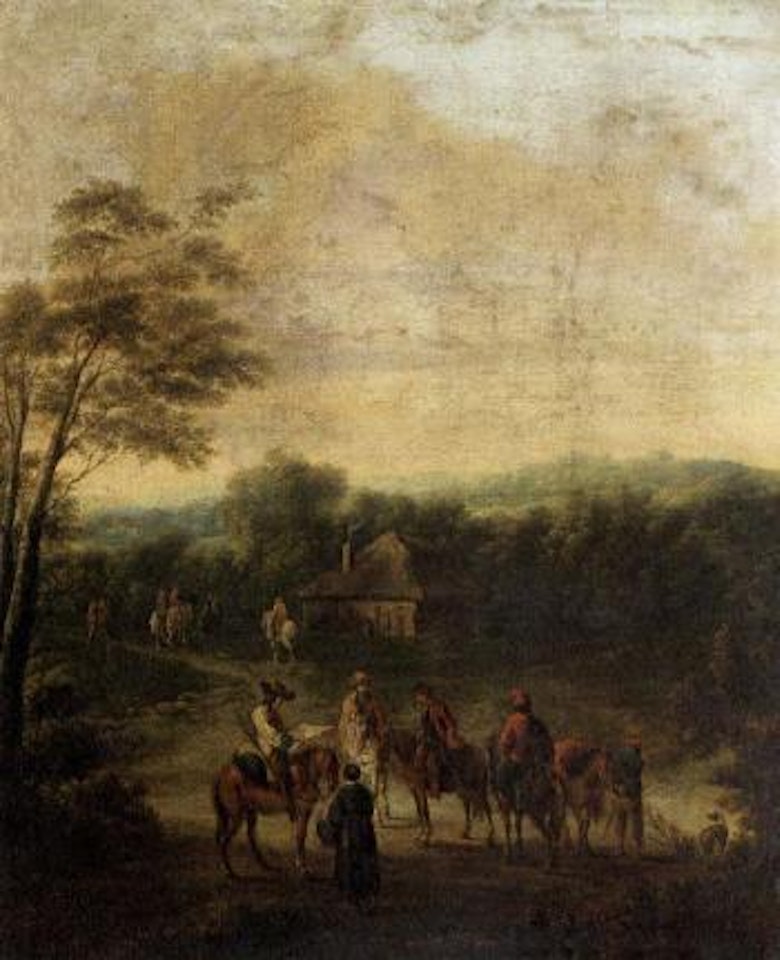 Wooded landscape with horsemen by Francesco Giuseppe Casanova