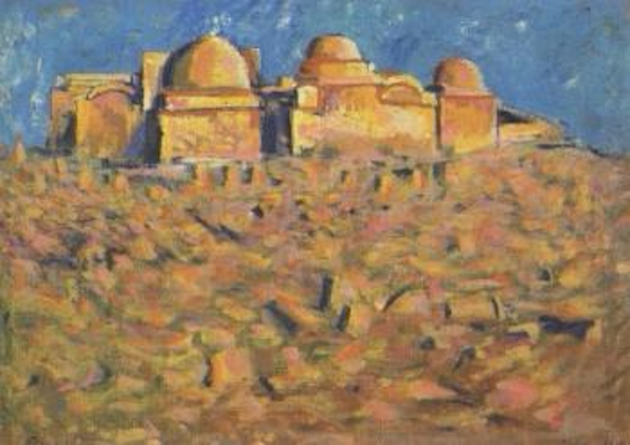 View across landscape with village, in background Djerba by Asger Jorn