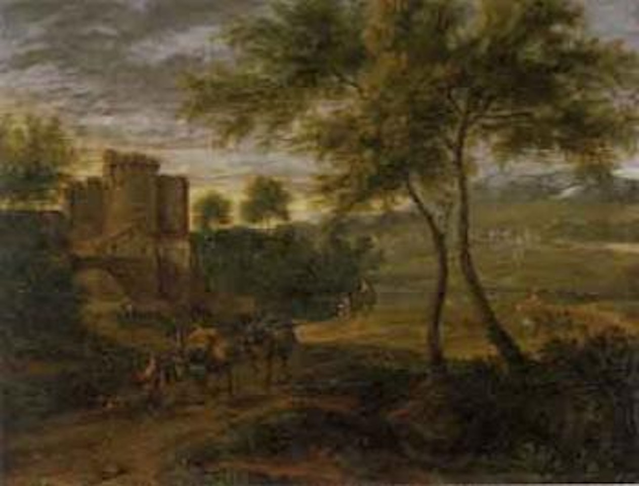 Landscape with travellers by the gates of a castle by Adriaen Frans Boudewyns by Pieter Bout