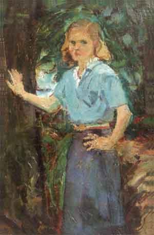 Portrait of woman in blue leaning against a tree by Walter Emerson Baum