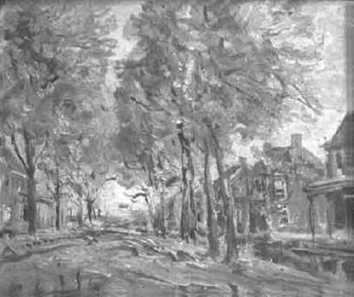 Autumn landscape with houses along tree lined street by Walter Emerson Baum