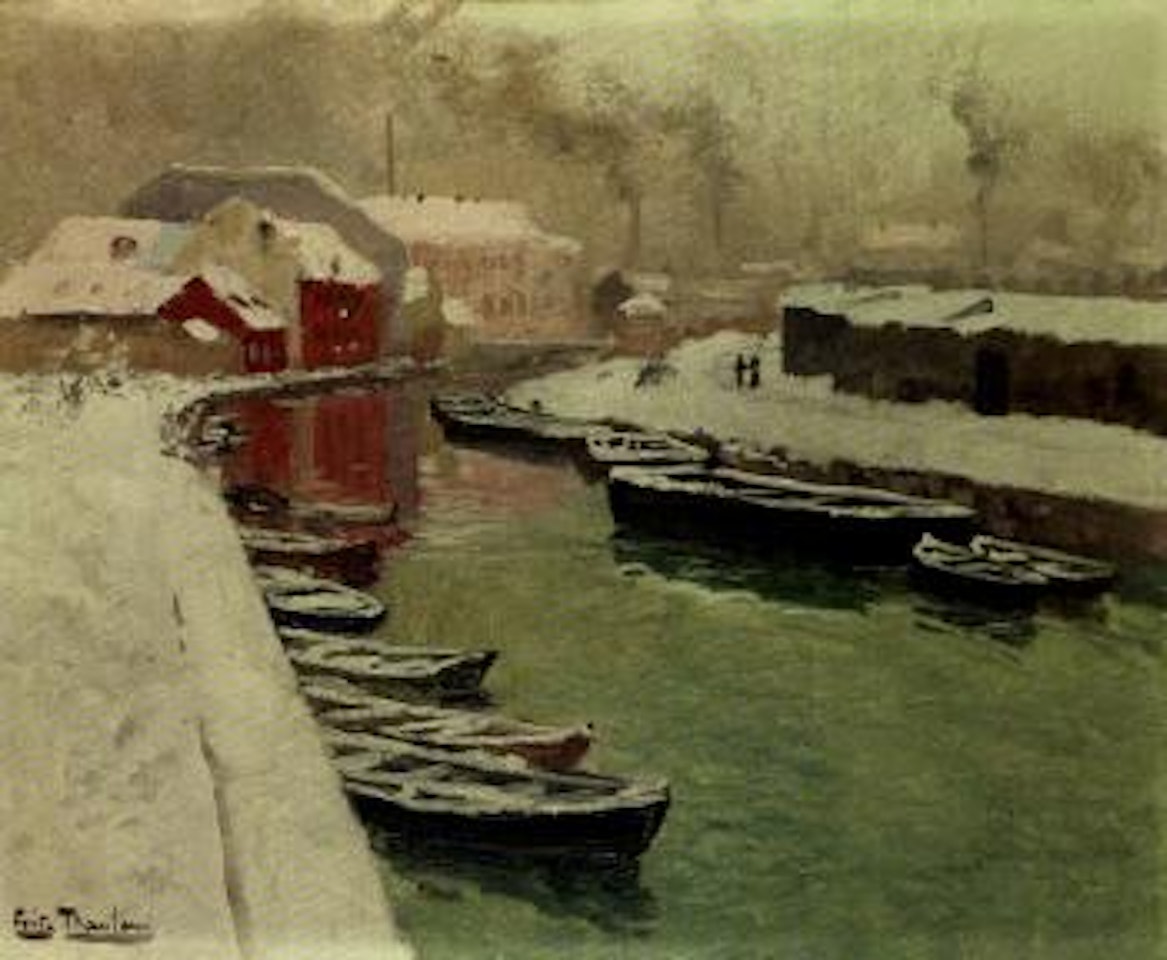 Snowy harbour view by Fritz Thaulow