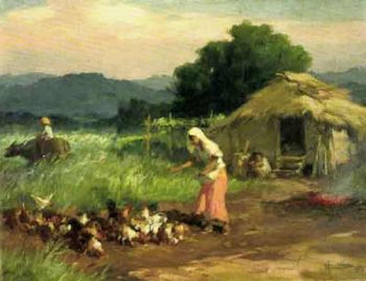 Woman feeding chickens by Fernando Amorsolo