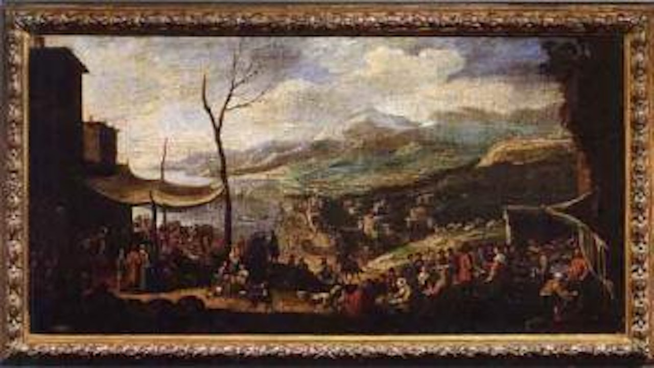 Market scene in river landscape. Travellers resting in coastal landscape by Dutch School
