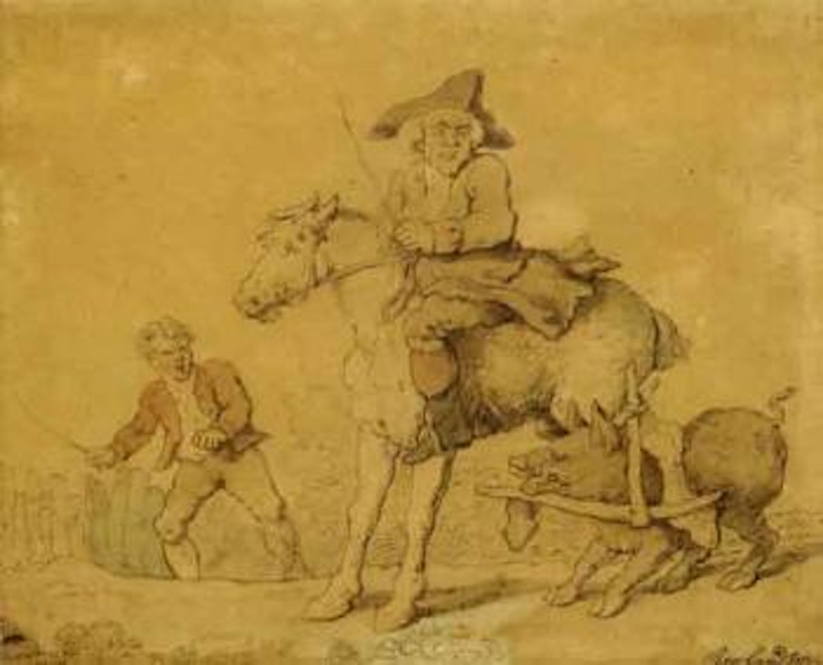 Figures with spancelled pig, one figure on horseback by Thomas Rowlandson