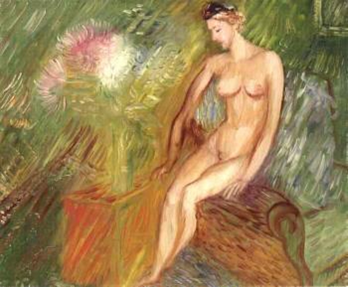 Female nude with bouquet of asters by Sigrid Hjertén