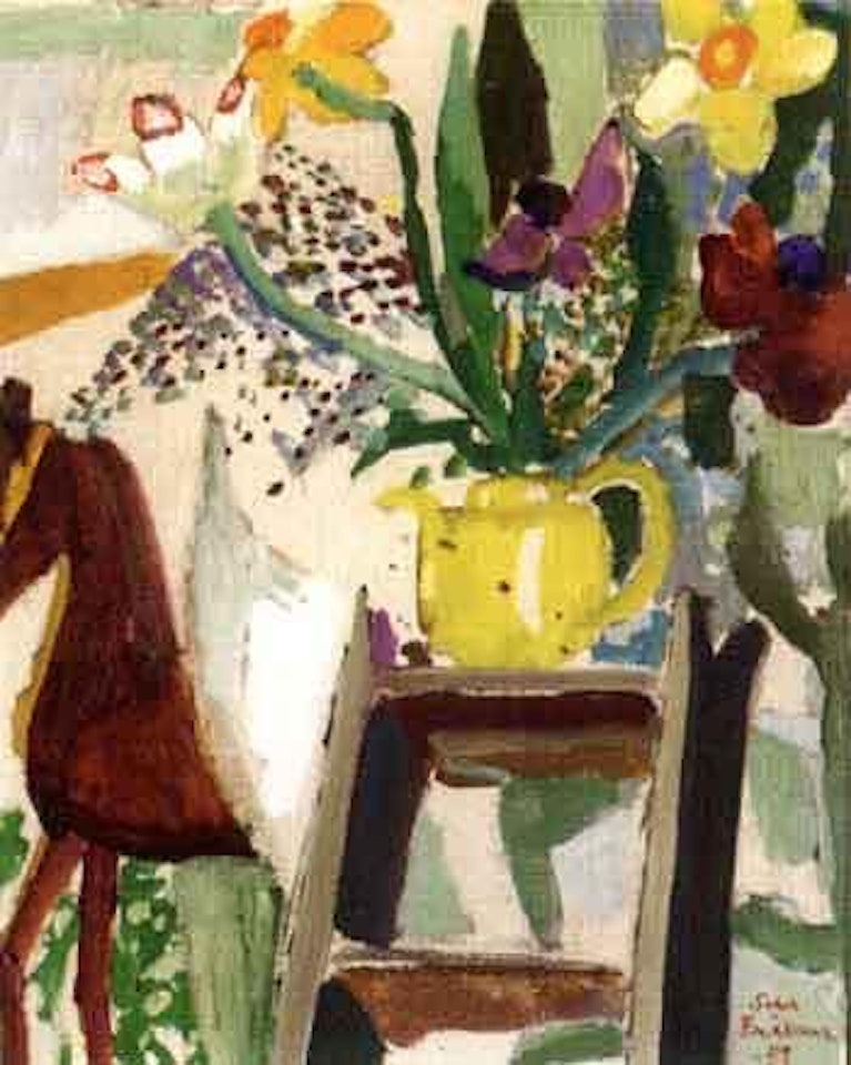 Interior scene with spring flowers in jug and toy horse by Sven Erixson