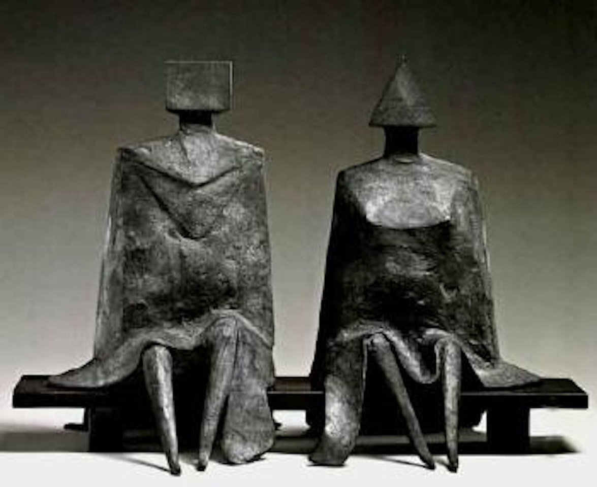 Maquette I, sitting couple on a bench by Lynn Chadwick