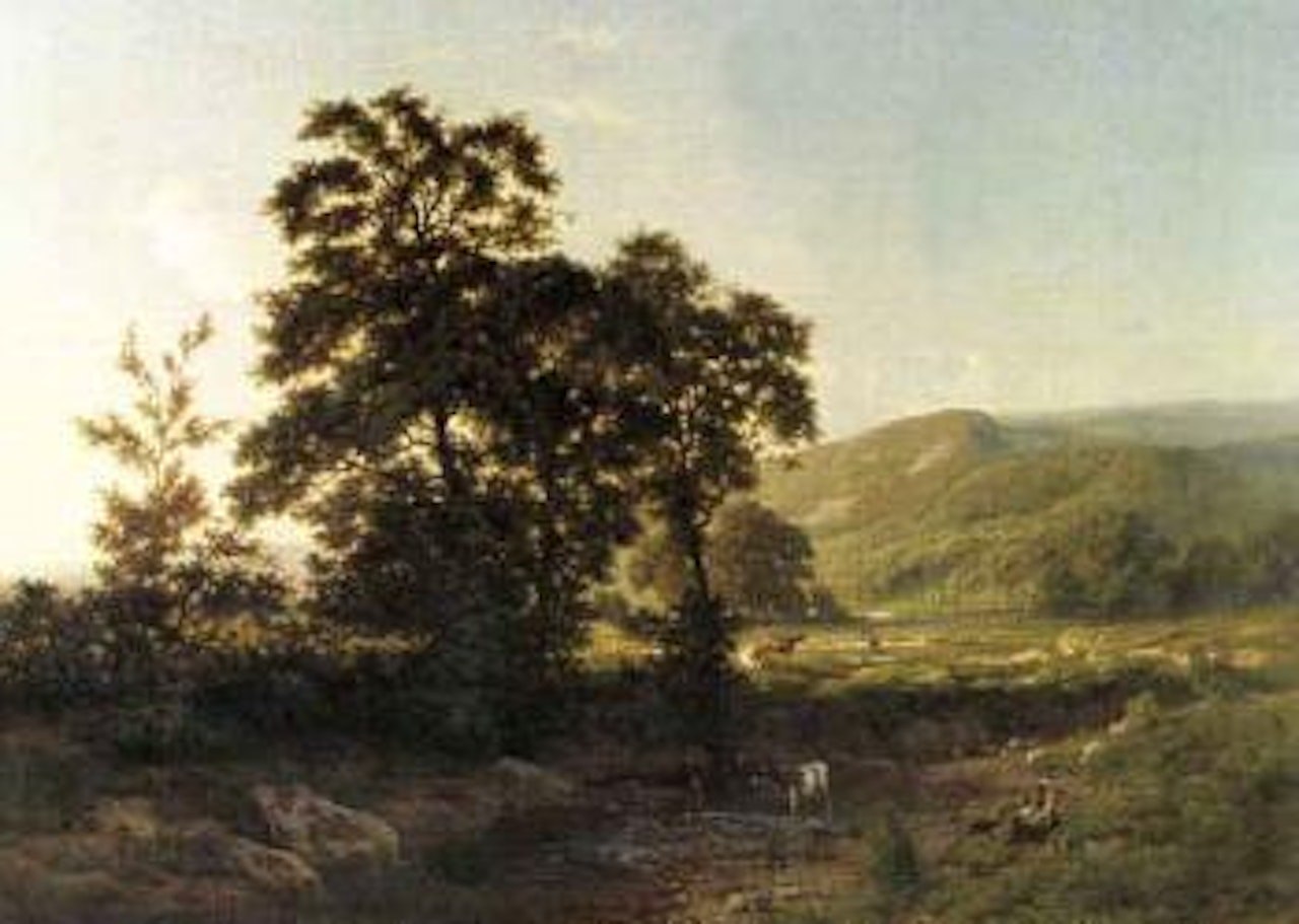 Panoramic landscape with cattle by Carlos de Haes