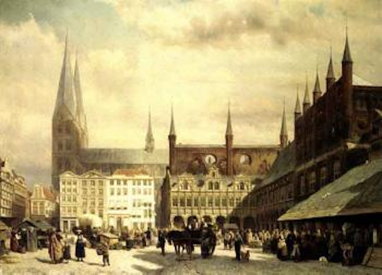 View of Lubeck market by Cornelis Springer