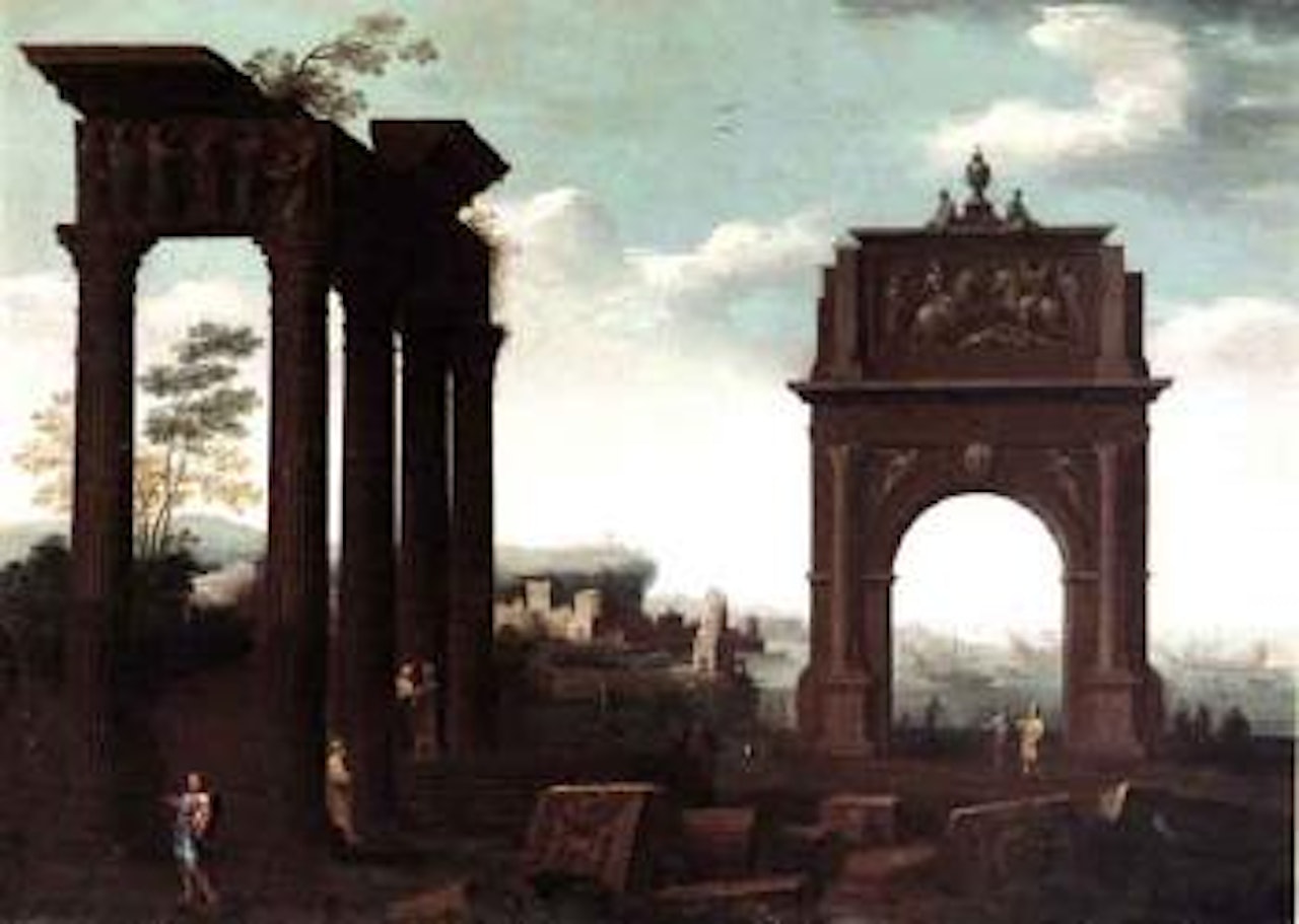 Architectural capriccio with figures amongst ruins, a port beyond by Viviano Codazzi