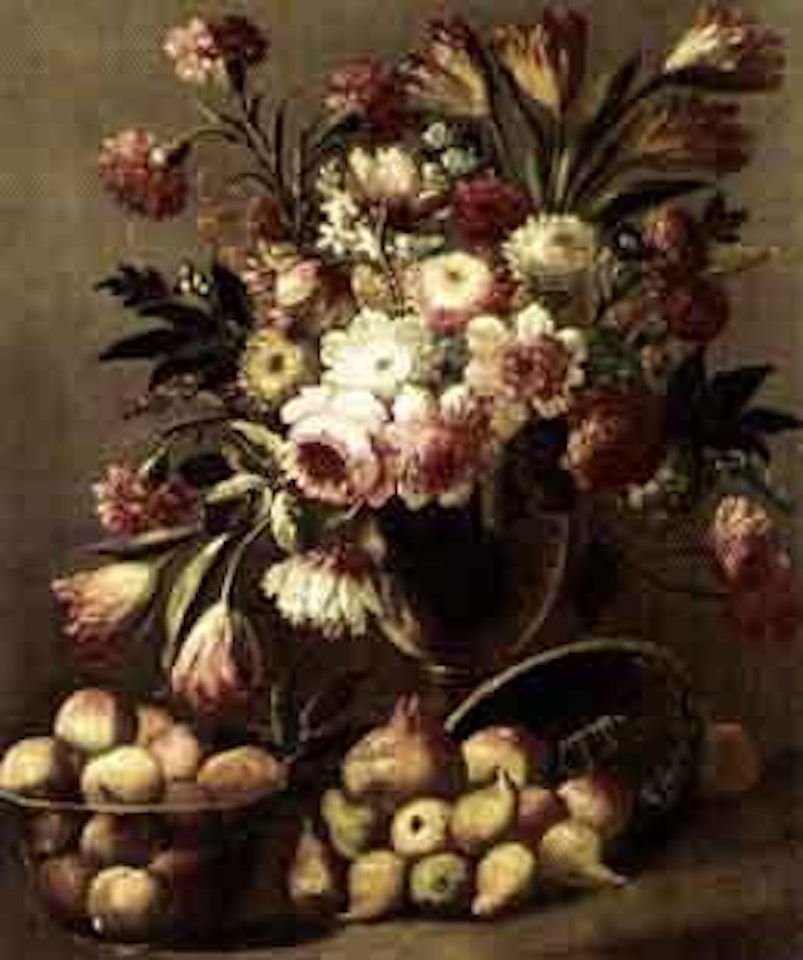 Still life of various flowers in a glass vase and fruit by Italian School
