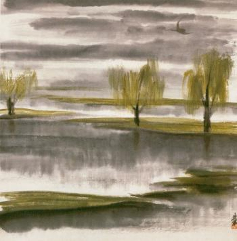 Egret flying over willow by Lin Fengmian