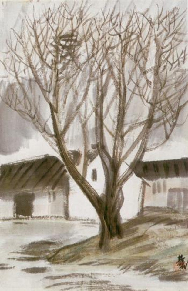 Houses behind tree by Lin Fengmian